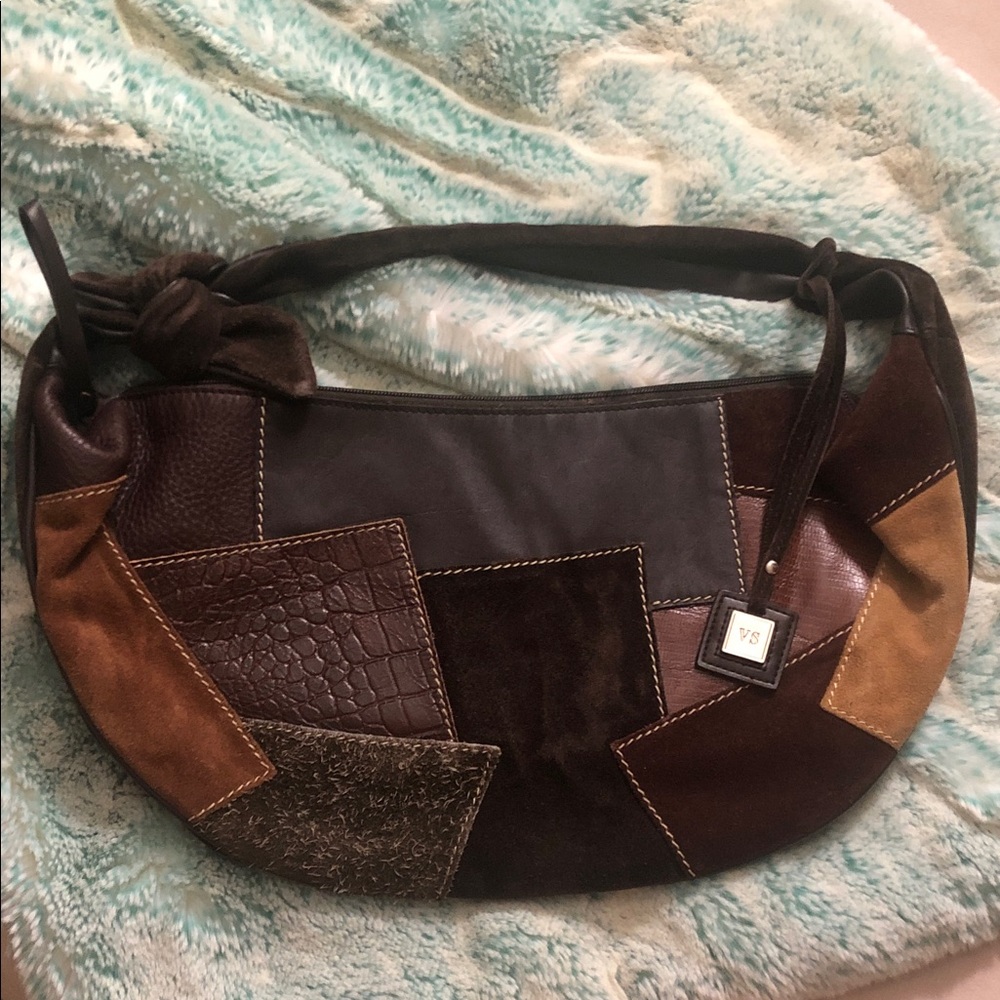 Valerie Stevens Patchwork Leather & Suede Shoulder Bag - Dark Brown & Tan